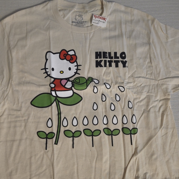 SANRIO Hello Kitty Beige Color Graphic T-Shirt Size Large Watering Plants NEW - Picture 5 of 12